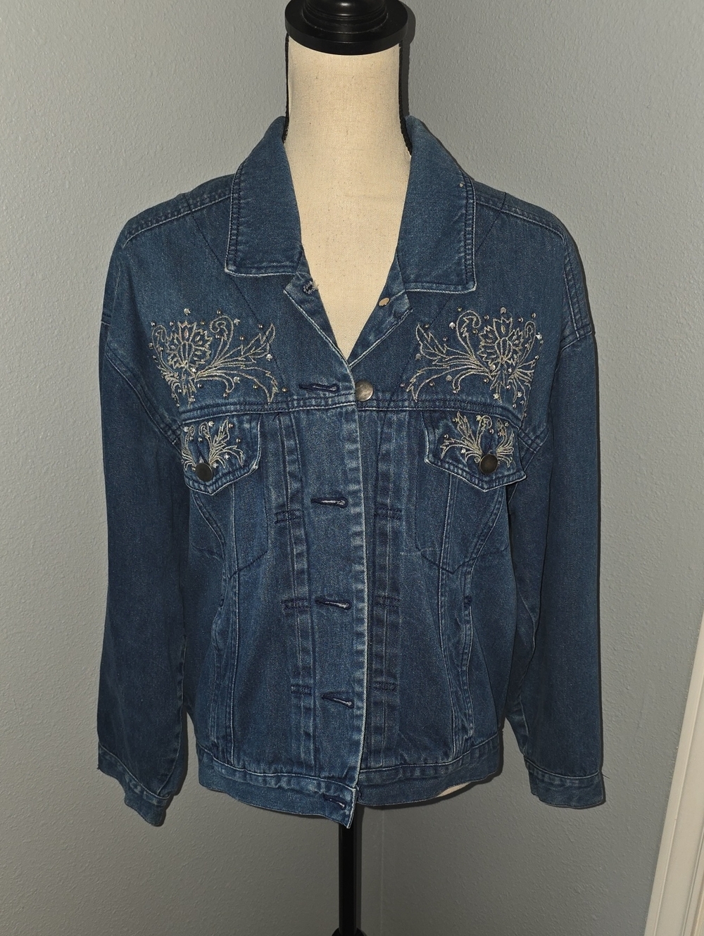 Vintage Carole Little Dark Blue Embroidered Denim Jacket Sz 6